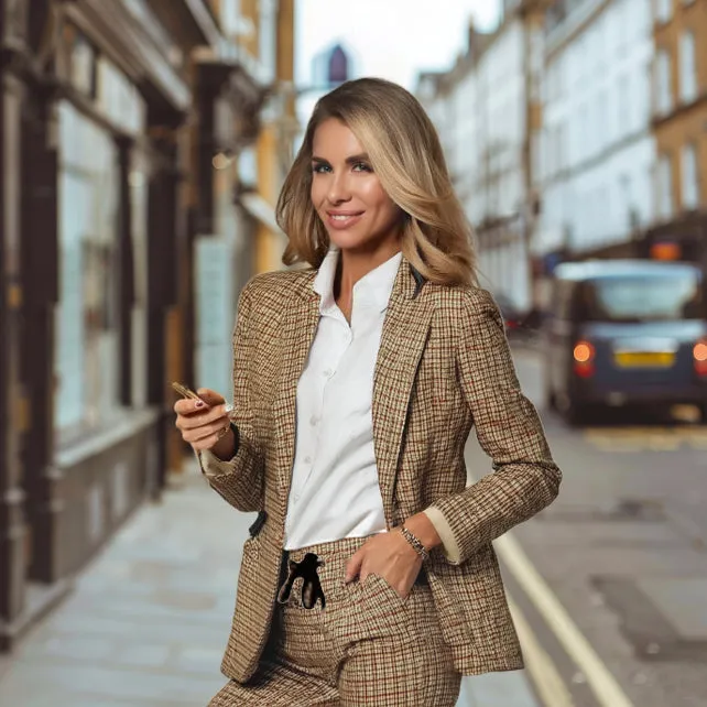 2-Piece Set of Checked Slim Fit Blazer with Matching High-Waisted Trousers