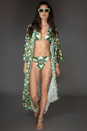 Abstract Green Satin Kimono