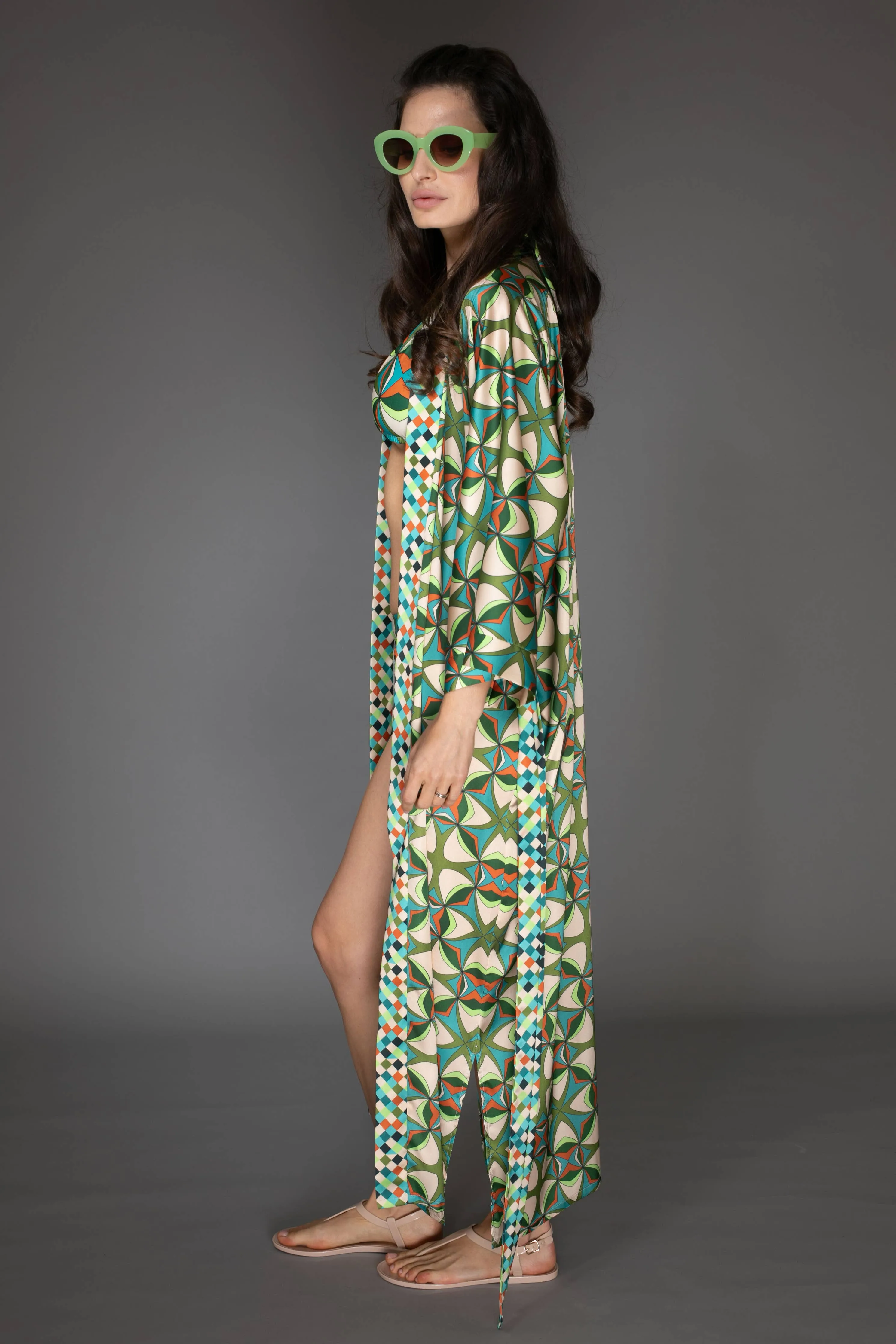 Abstract Green Satin Kimono