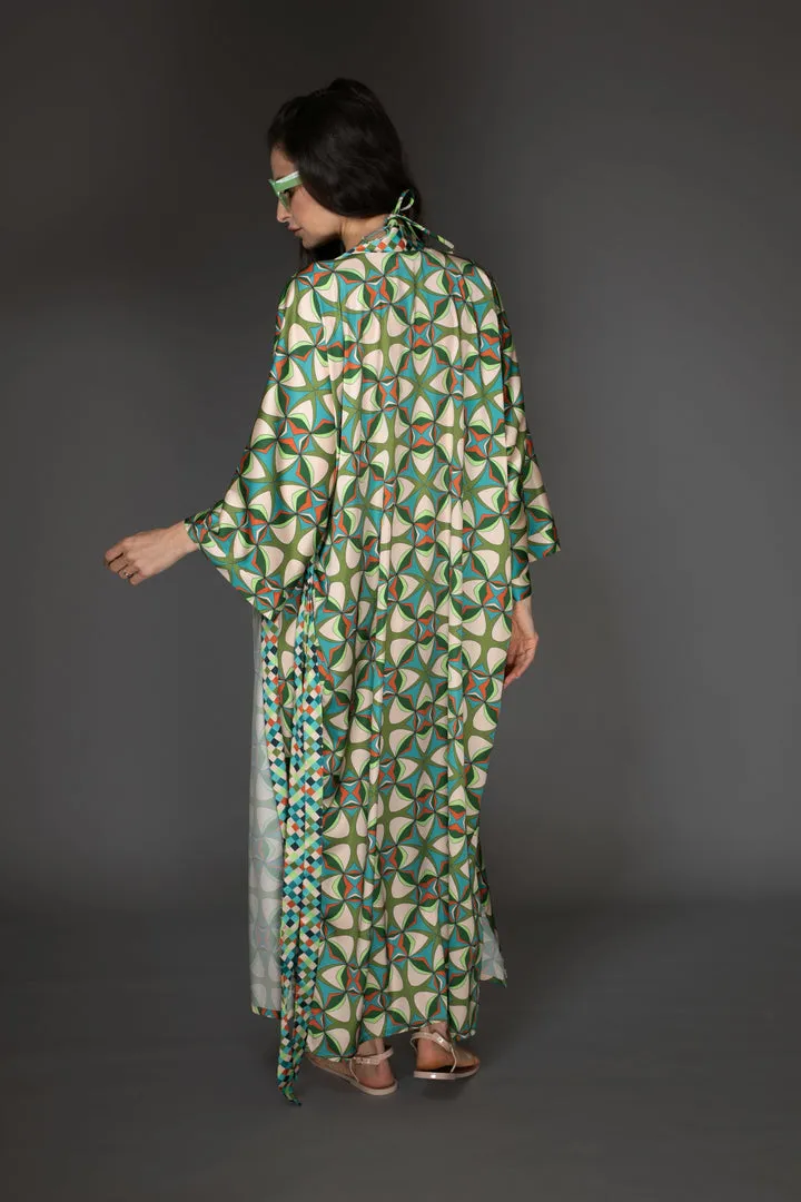 Abstract Green Satin Kimono