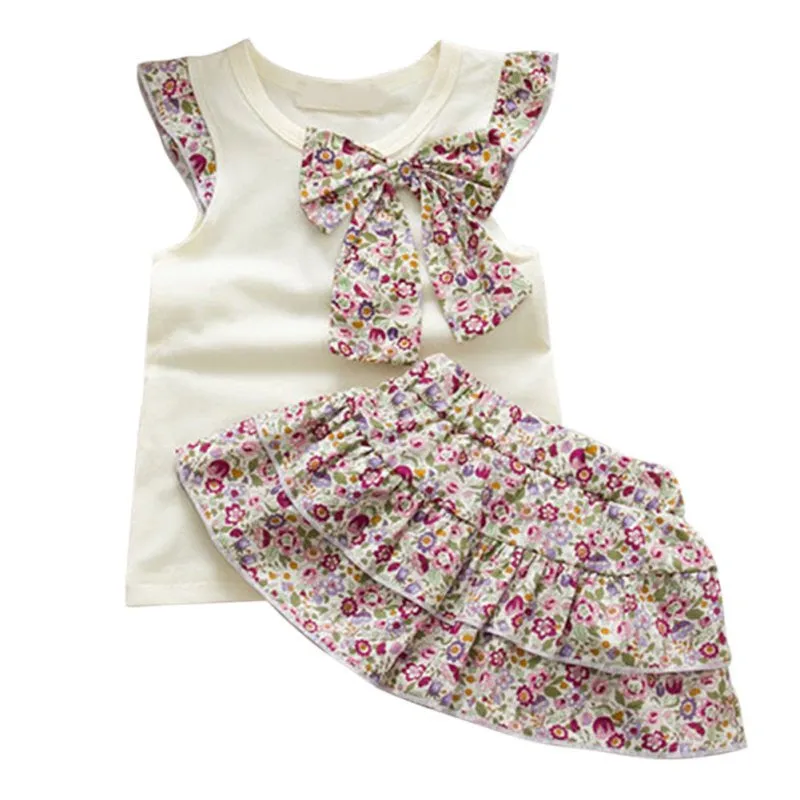 Baby Kids Girls Flowers Bow-Knot Tops Ruffle Culottes 2PCS Set Outfits Clothes 0-3Y