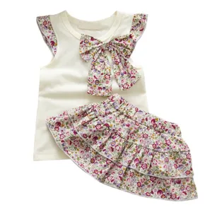 Baby Kids Girls Flowers Bow-Knot Tops Ruffle Culottes 2PCS Set Outfits Clothes 0-3Y