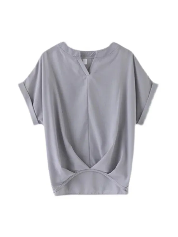 Batwing Sleeves Loose Pleated Solid Color Split-Joint Round-Neck Blouses&Shirts Tops