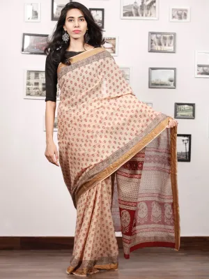 Beige Maroon Black Bagh Printed Maheshwari Cotton Saree - S031703305