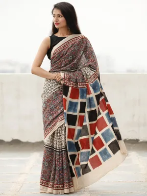 Beige Maroon Black Indigo Ajrakh Hand Block Printed Cotton Saree in Natural Colors - S031703805