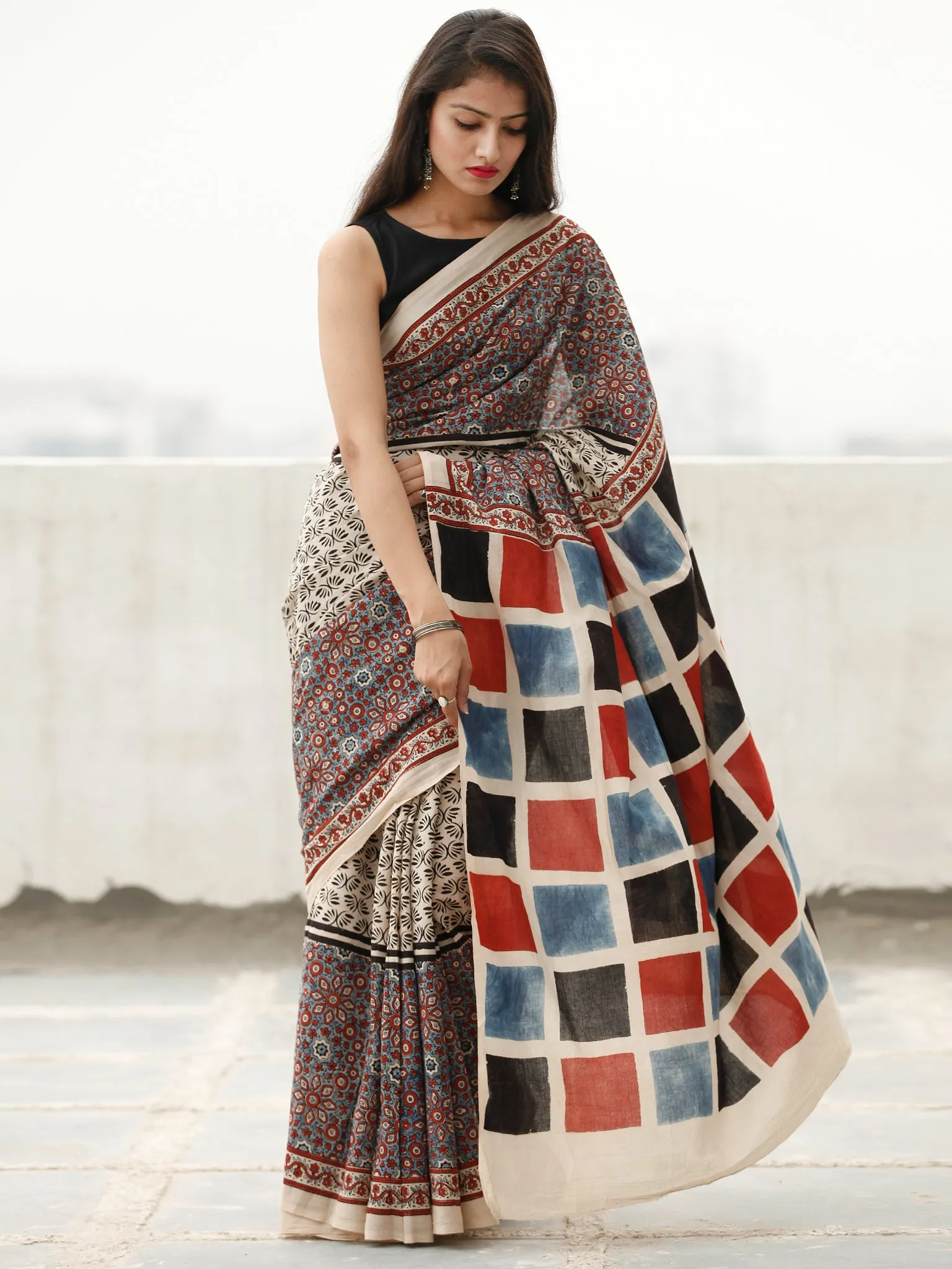 Beige Maroon Black Indigo Ajrakh Hand Block Printed Cotton Saree in Natural Colors - S031703805