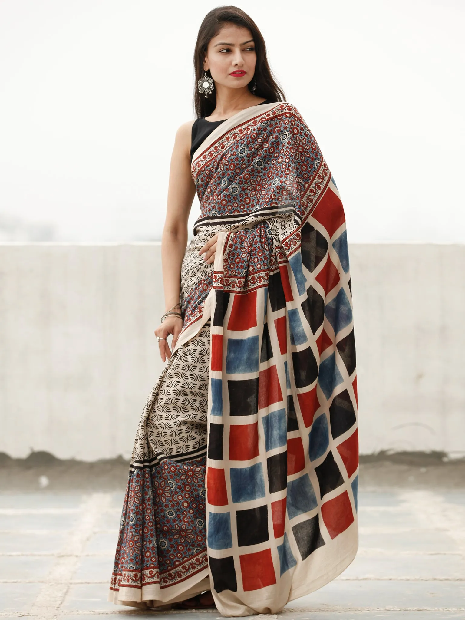 Beige Maroon Black Indigo Ajrakh Hand Block Printed Cotton Saree in Natural Colors - S031703805