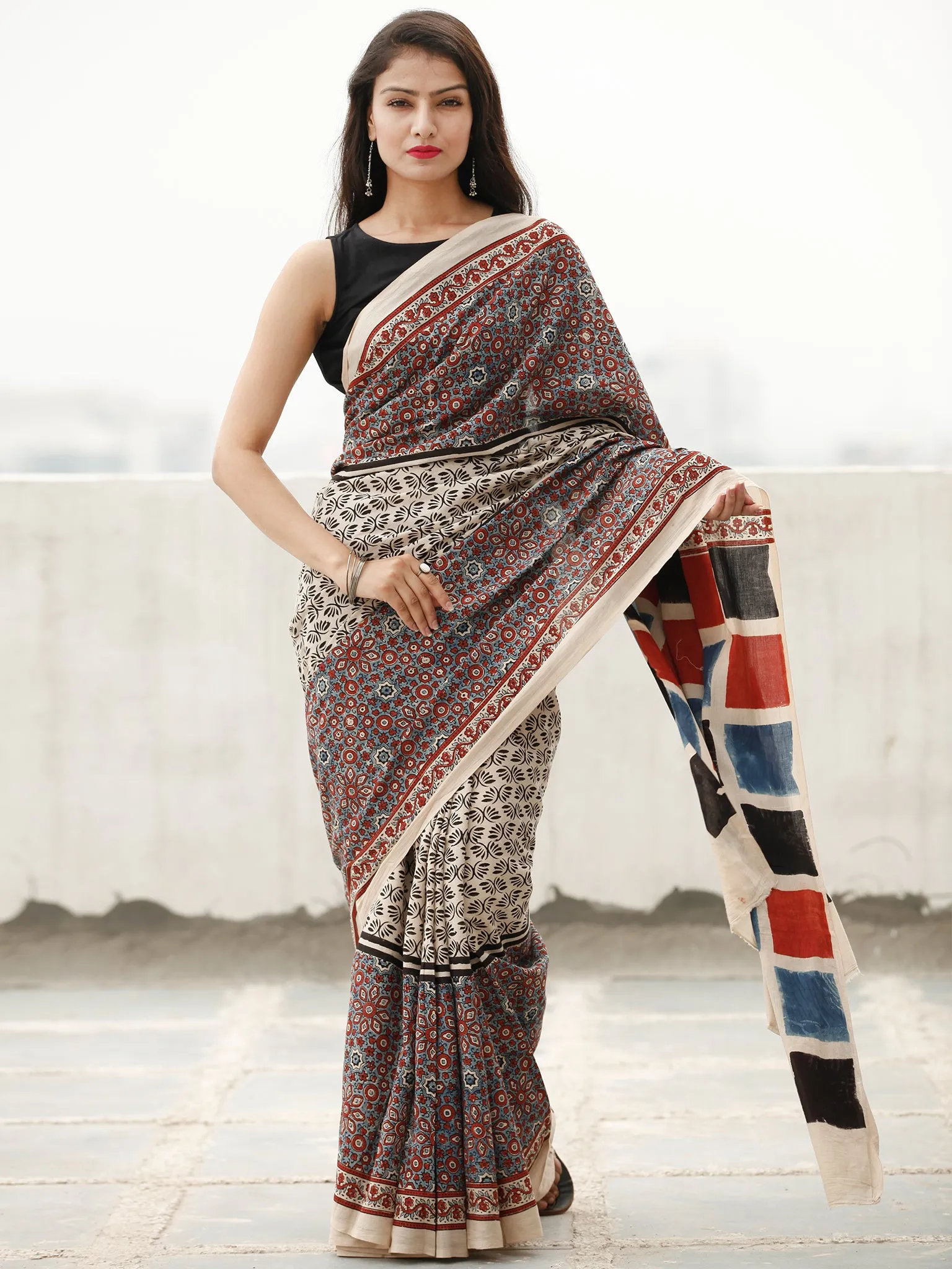 Beige Maroon Black Indigo Ajrakh Hand Block Printed Cotton Saree in Natural Colors - S031703805