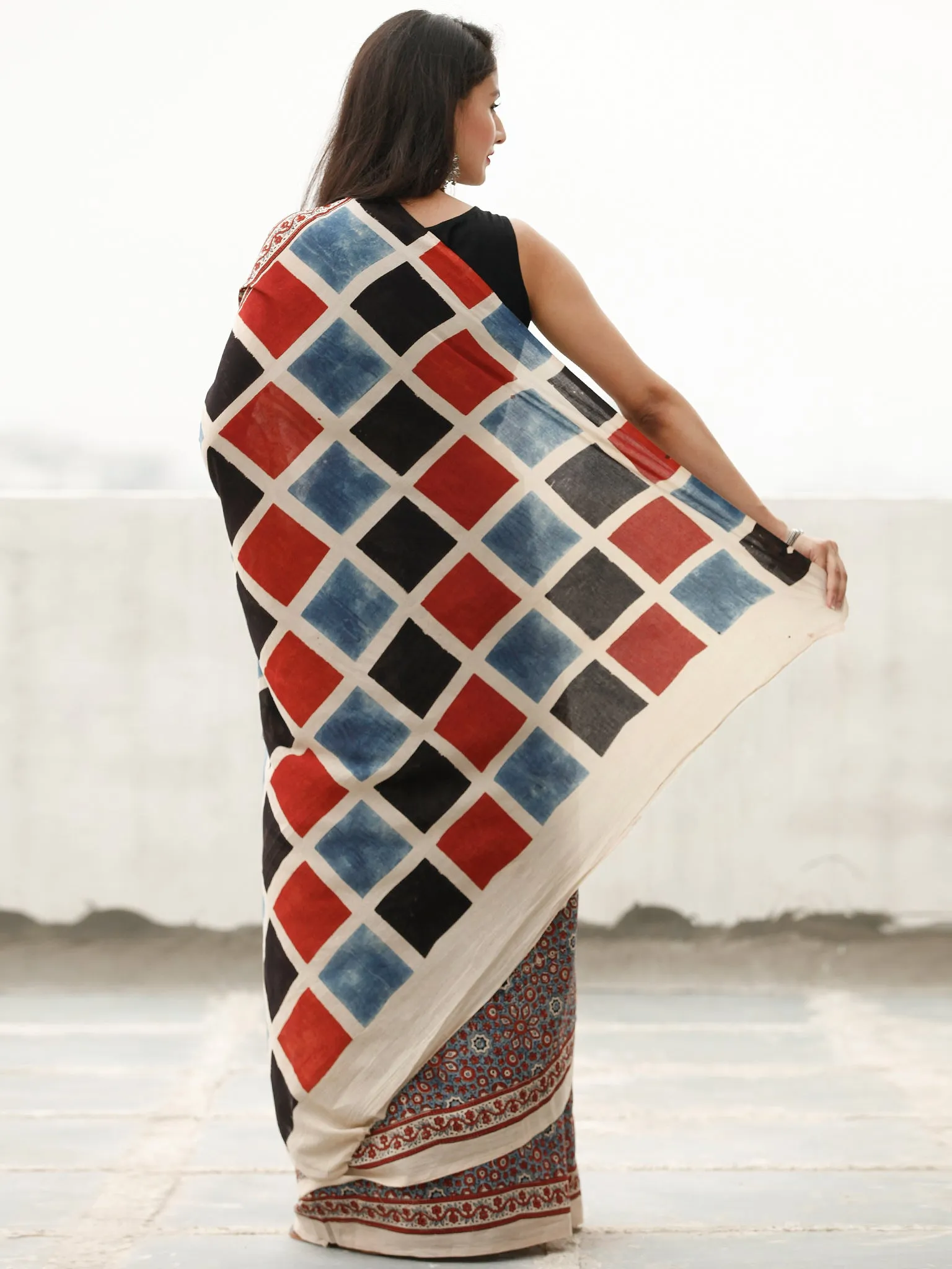Beige Maroon Black Indigo Ajrakh Hand Block Printed Cotton Saree in Natural Colors - S031703805