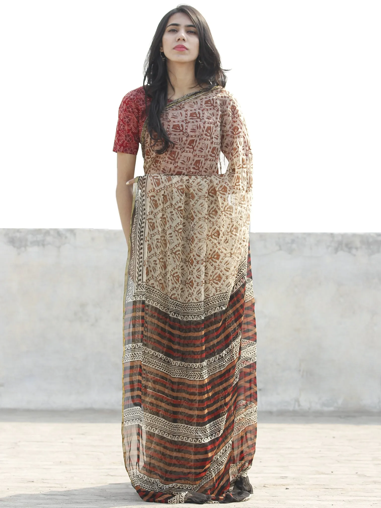 Beige Rust Hand Block Printed Chiffon Saree with zari border- S031702664