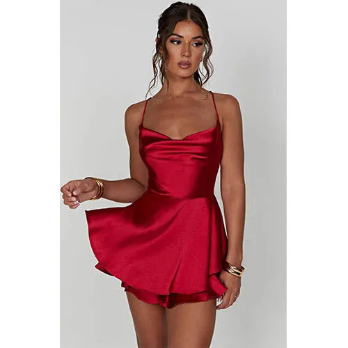 Best-selling Sexy Slimming Backless Solid Color Strappy Dress Culottes, Tie-up Tiered Ruffle Strappy Dress, Satin Strappy Dress Culottes C-240702-3