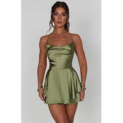 Best-selling Sexy Slimming Backless Solid Color Strappy Dress Culottes, Tie-up Tiered Ruffle Strappy Dress, Satin Strappy Dress Culottes C-240702-3
