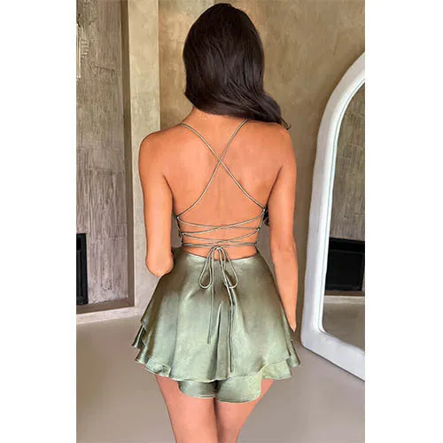 Best-selling Sexy Slimming Backless Solid Color Strappy Dress Culottes, Tie-up Tiered Ruffle Strappy Dress, Satin Strappy Dress Culottes C-240702-3