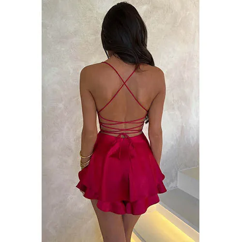 Best-selling Sexy Slimming Backless Solid Color Strappy Dress Culottes, Tie-up Tiered Ruffle Strappy Dress, Satin Strappy Dress Culottes C-240702-3