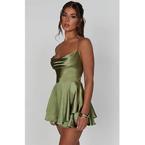 Best-selling Sexy Slimming Backless Solid Color Strappy Dress Culottes, Tie-up Tiered Ruffle Strappy Dress, Satin Strappy Dress Culottes C-240702-3