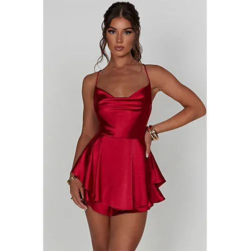 Best-selling Sexy Slimming Backless Solid Color Strappy Dress Culottes, Tie-up Tiered Ruffle Strappy Dress, Satin Strappy Dress Culottes C-240702-3