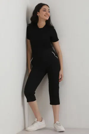 Black Solid Cotton Blend Straight Culottes