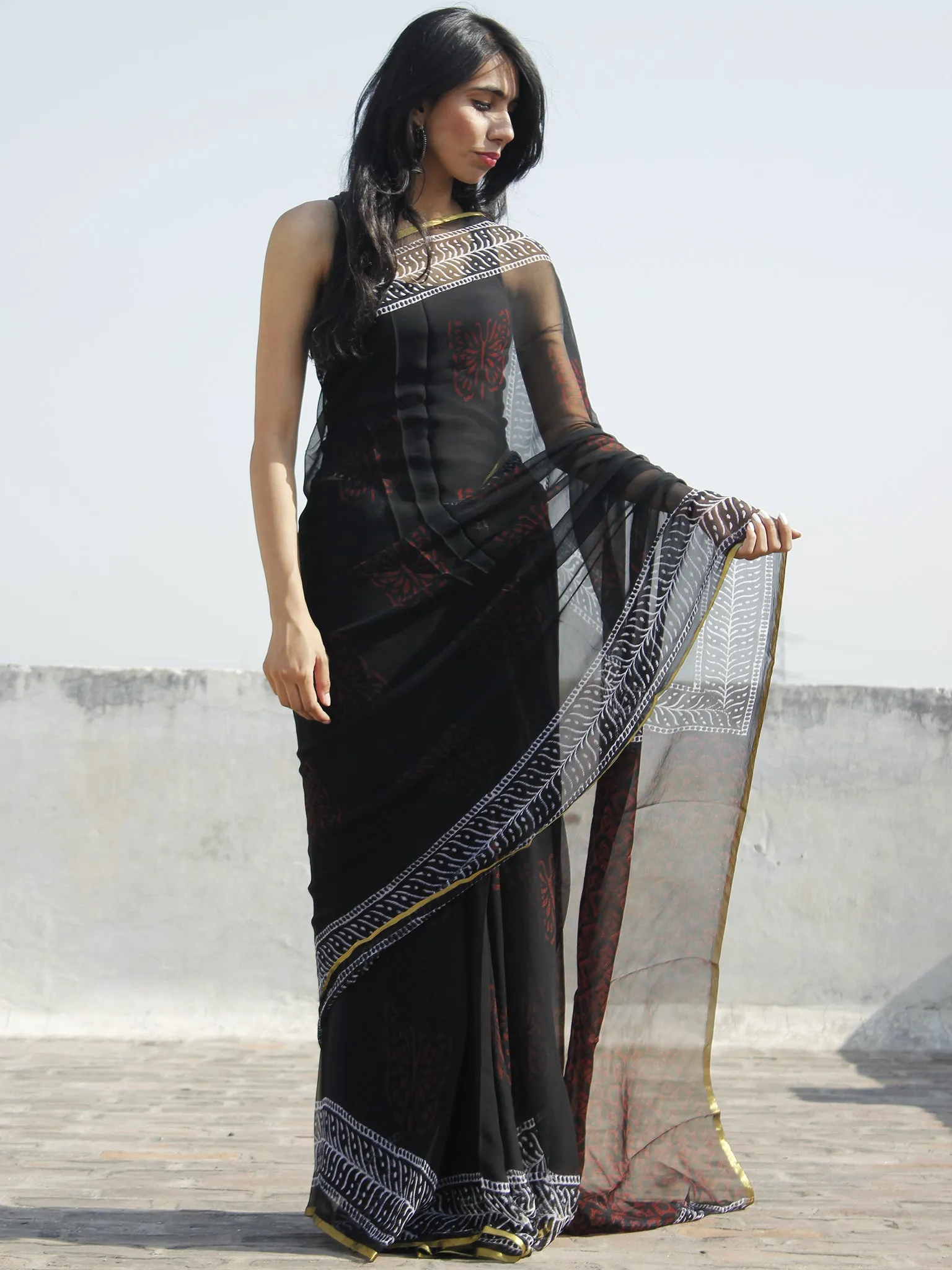 Black White Red Hand Block Printed Chiffon Saree - S031702317