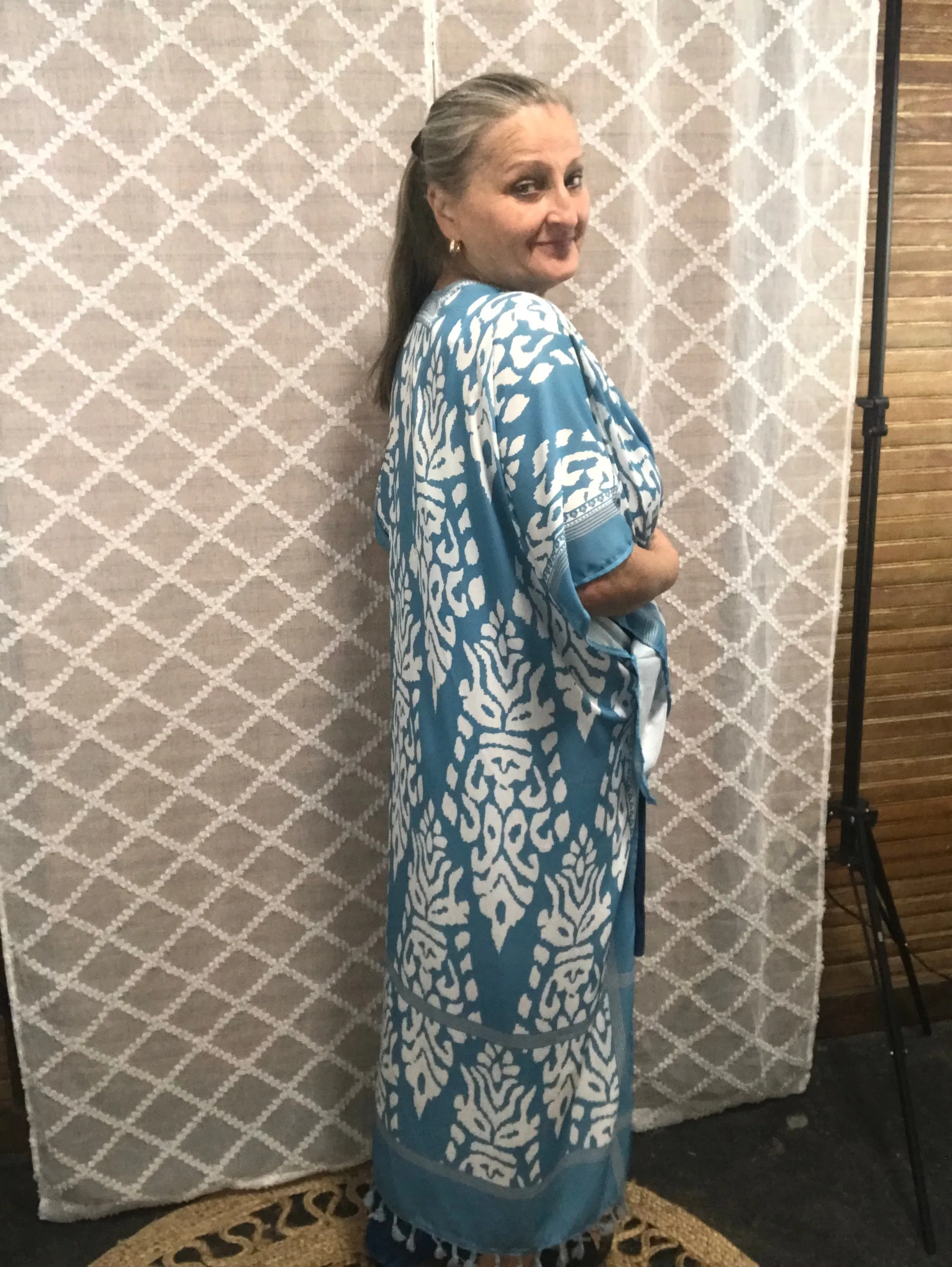 Blue Abstract Print Long Kimono