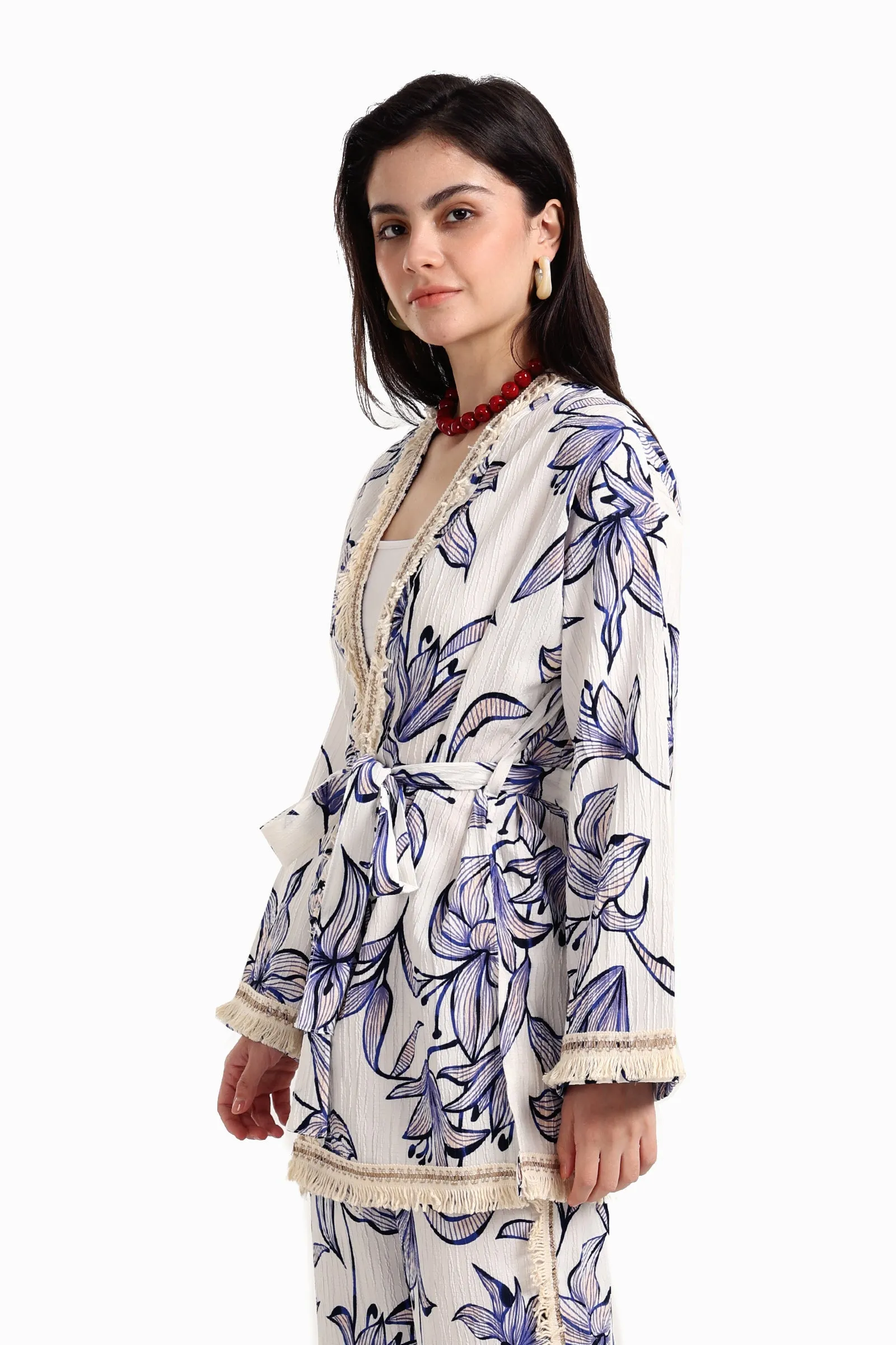 Blue Flowers Kimono with Fringes