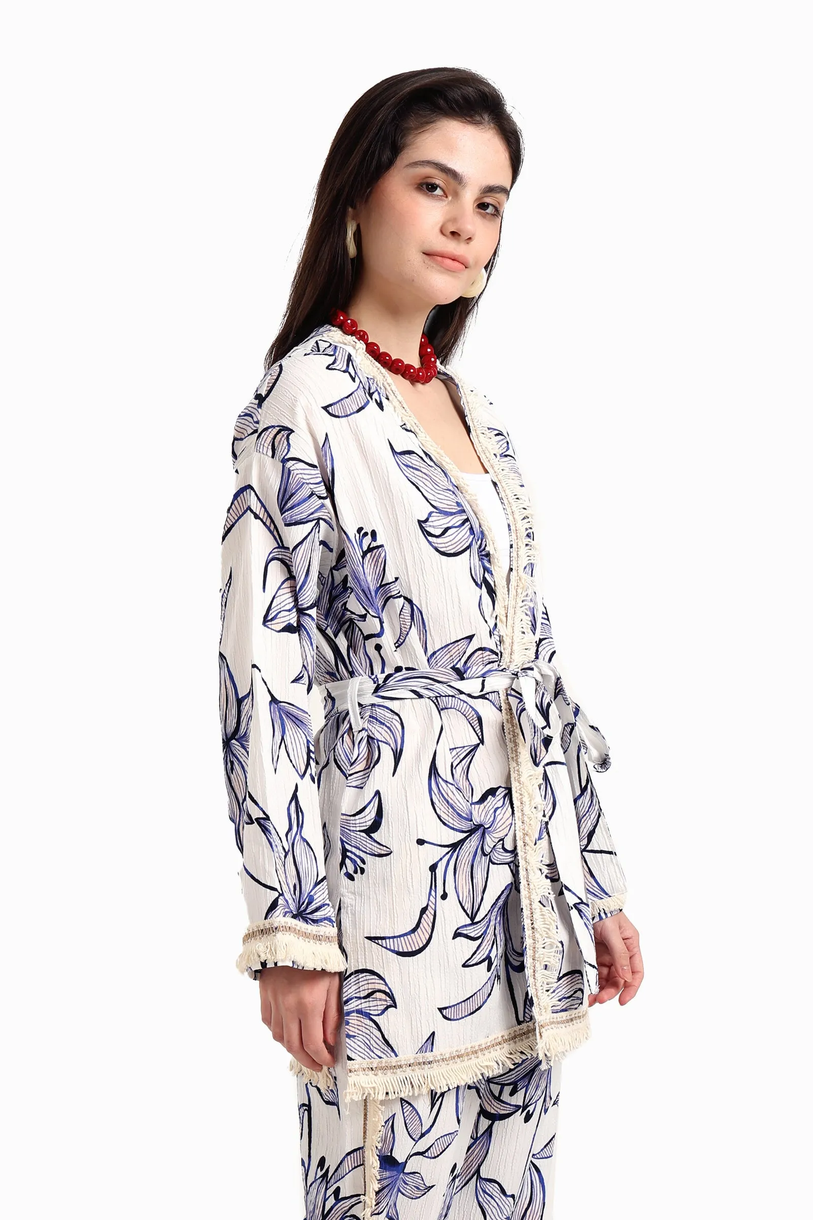 Blue Flowers Kimono with Fringes