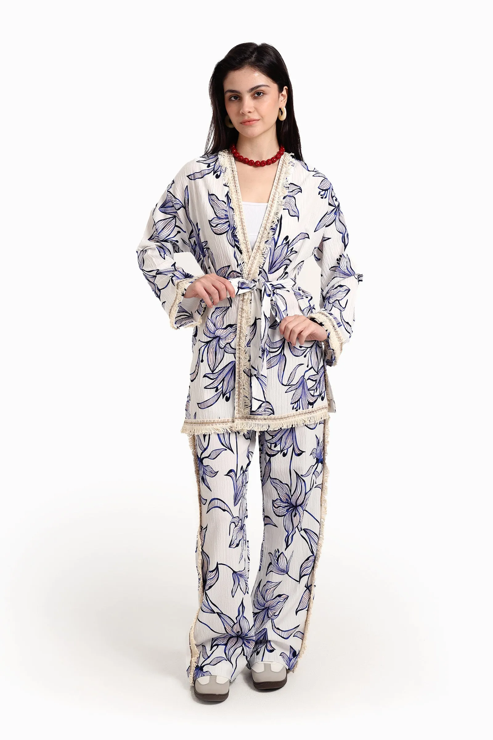 Blue Flowers Kimono with Fringes