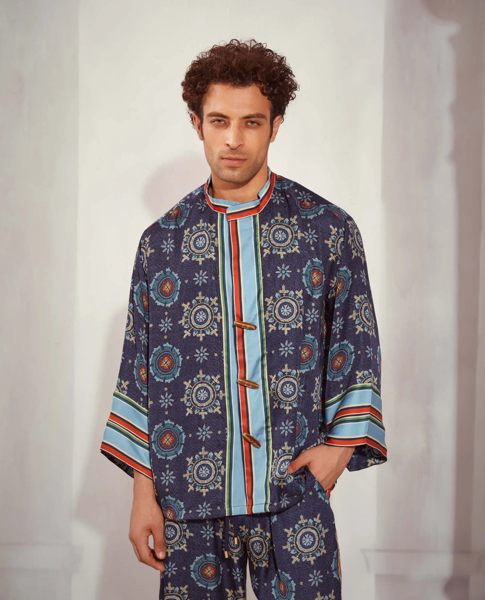 Blue mosaic print kimono and pants