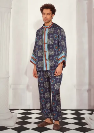 Blue mosaic print kimono and pants