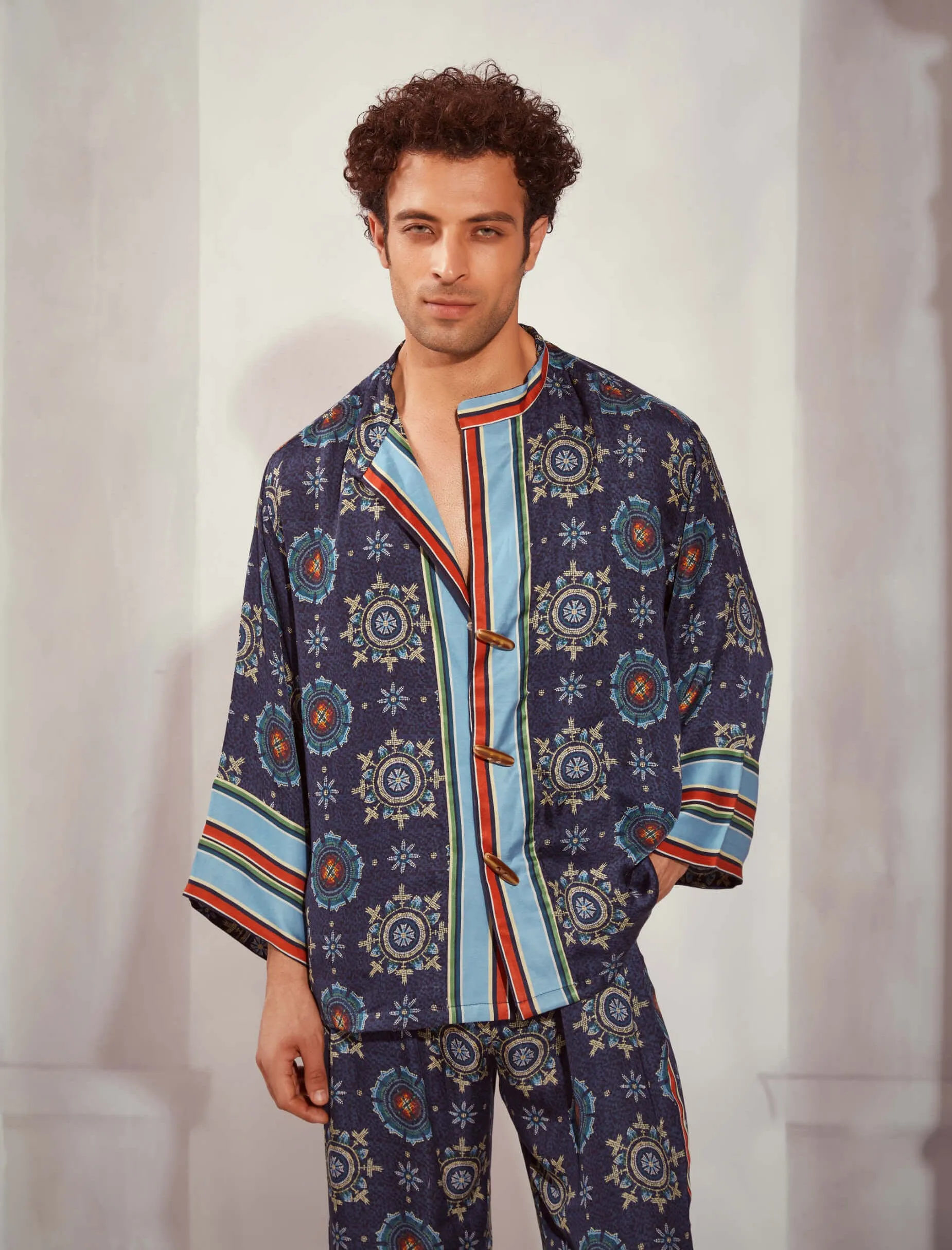 Blue mosaic print kimono and pants