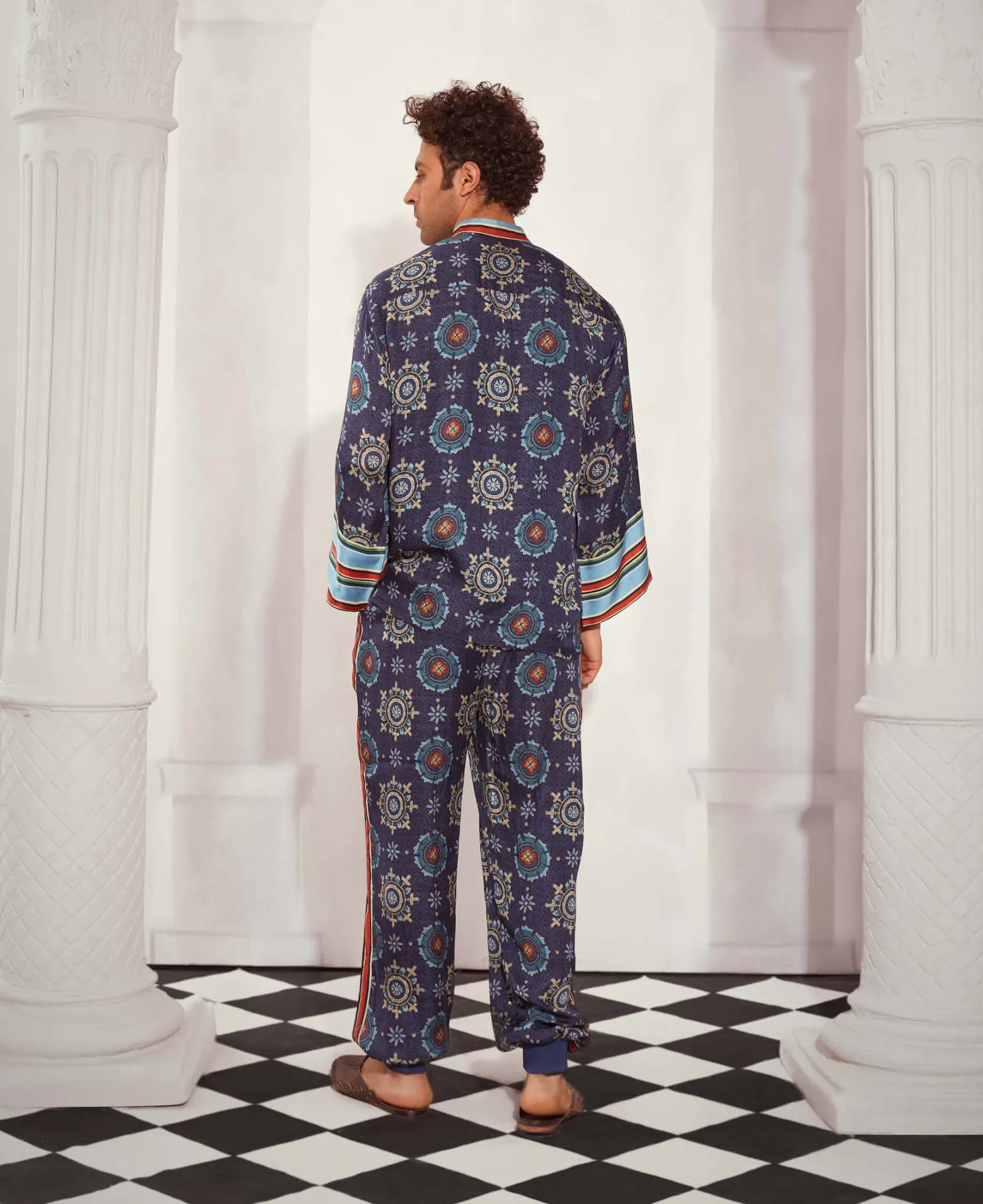 Blue mosaic print kimono and pants