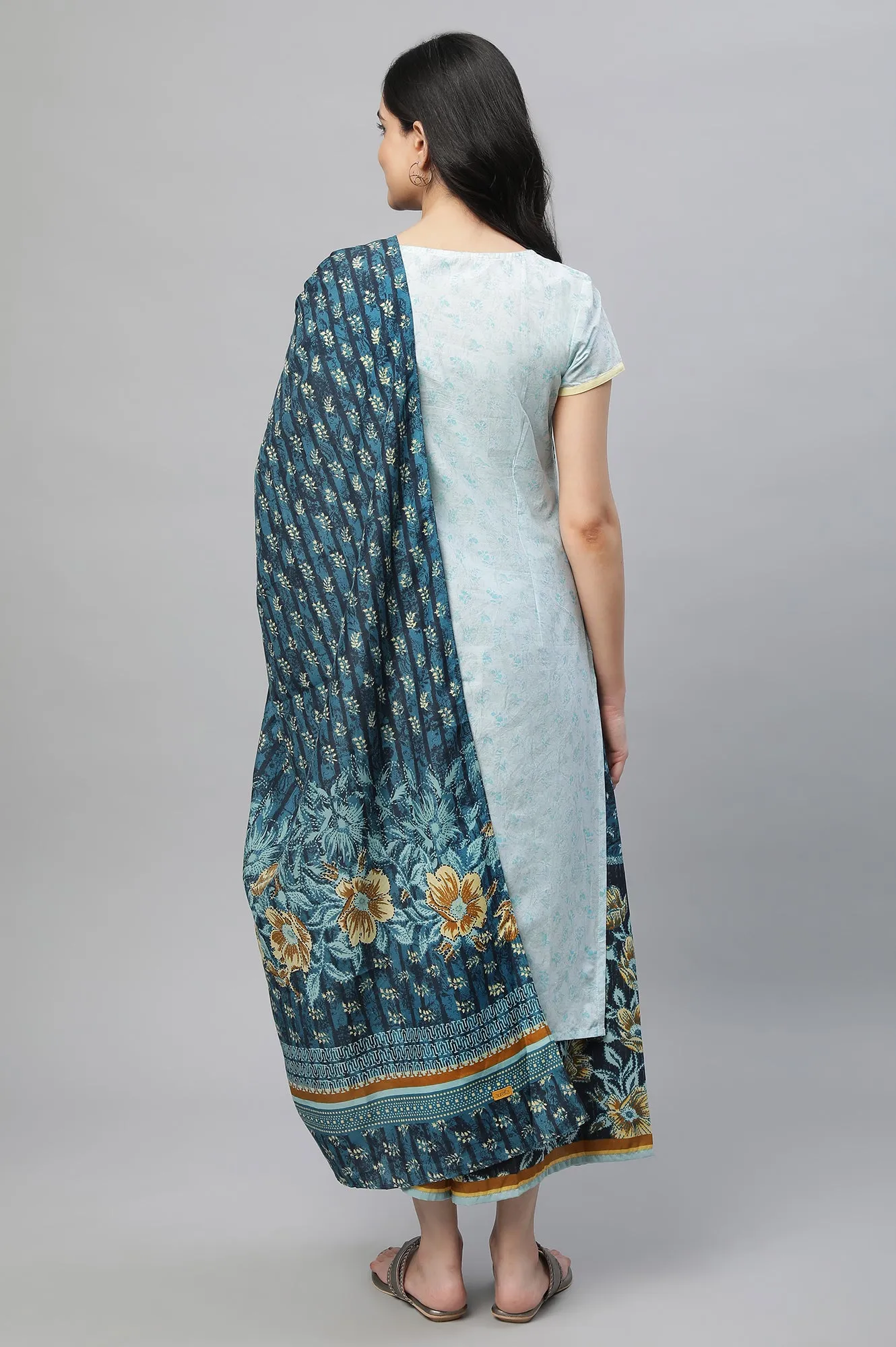 Blue Printed Kurta, Culottes & Dupatta Set