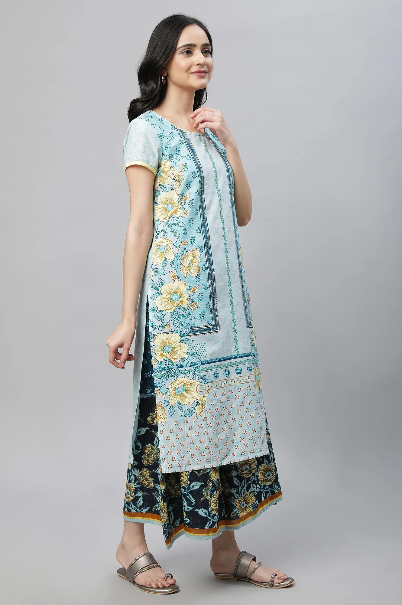 Blue Printed Kurta, Culottes & Dupatta Set