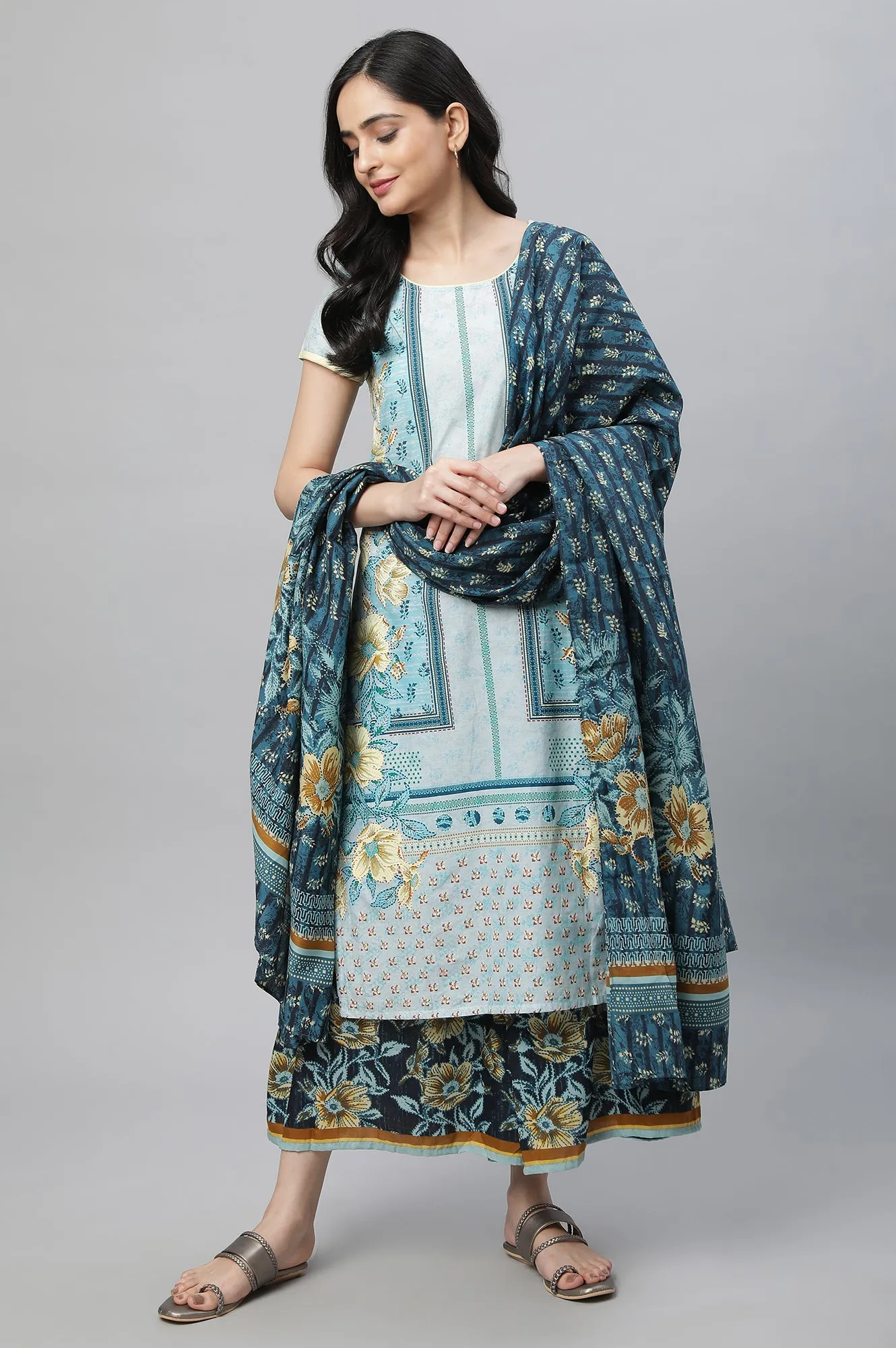 Blue Printed Kurta, Culottes & Dupatta Set
