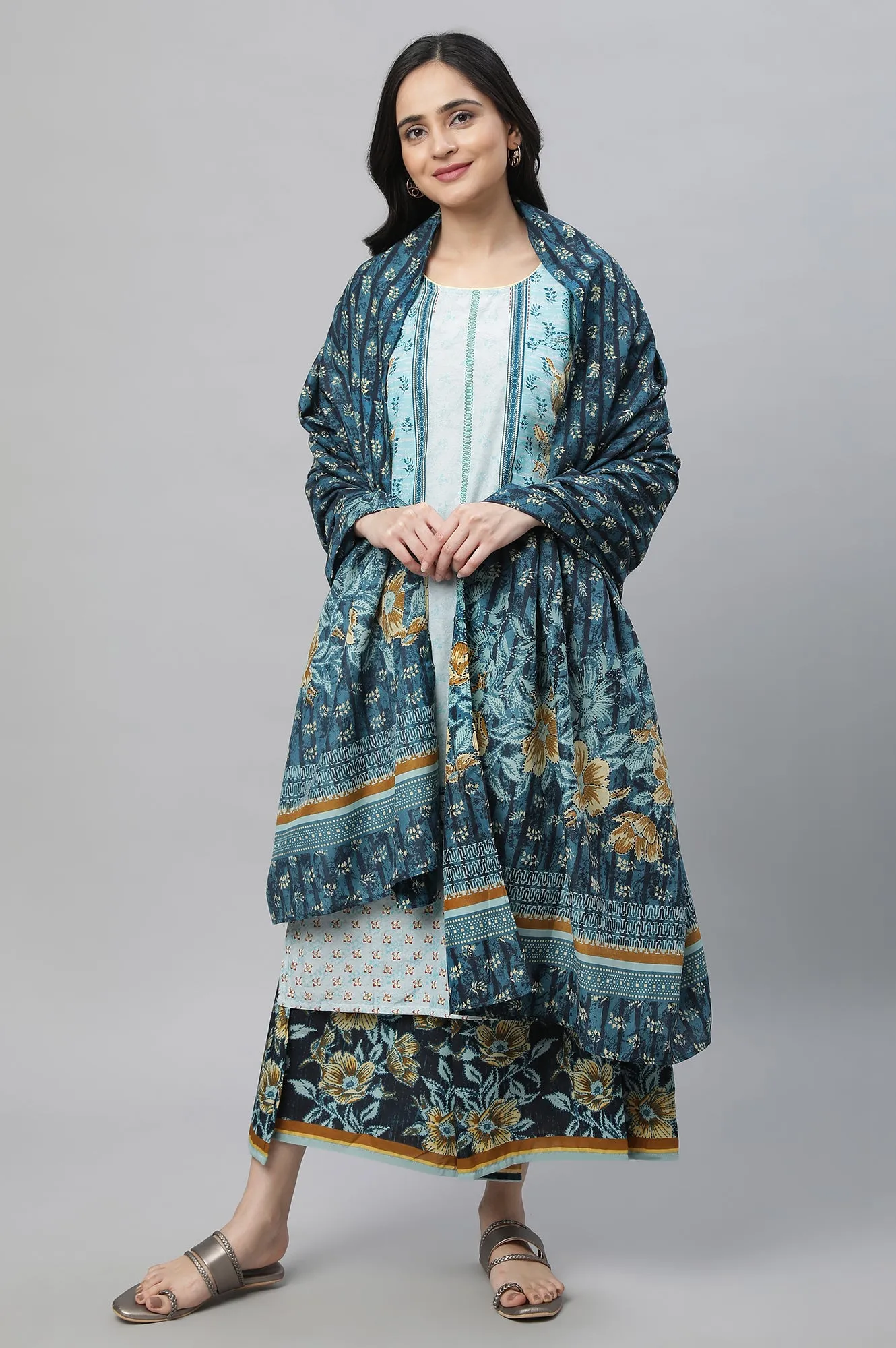 Blue Printed Kurta, Culottes & Dupatta Set