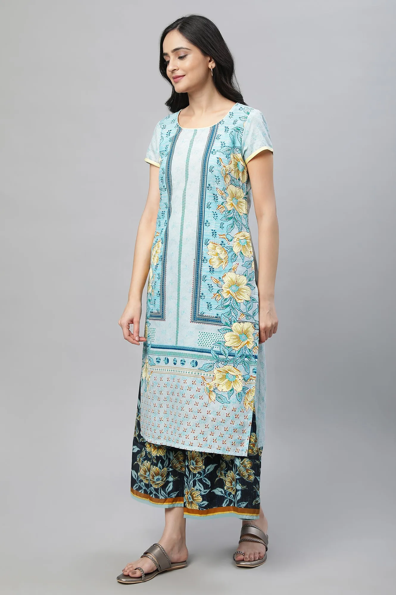 Blue Printed Kurta, Culottes & Dupatta Set