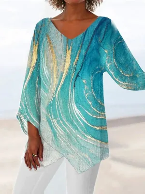 Brenda - Printed V-neck blouse with long sleeves, colorful and casual