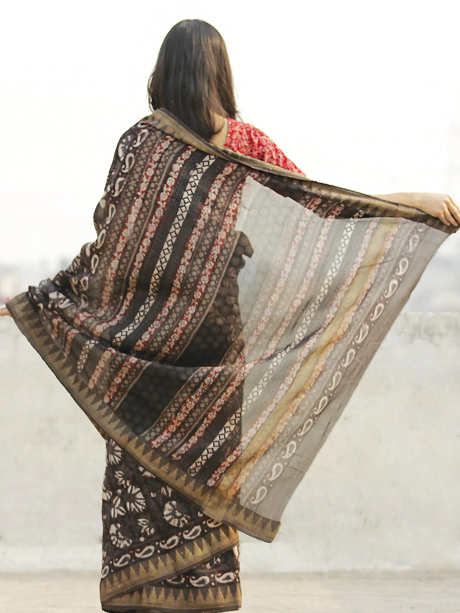 Brown Grey Ivory Chanderi Silk Hand Block Printed Saree With Geecha Border - S031702641
