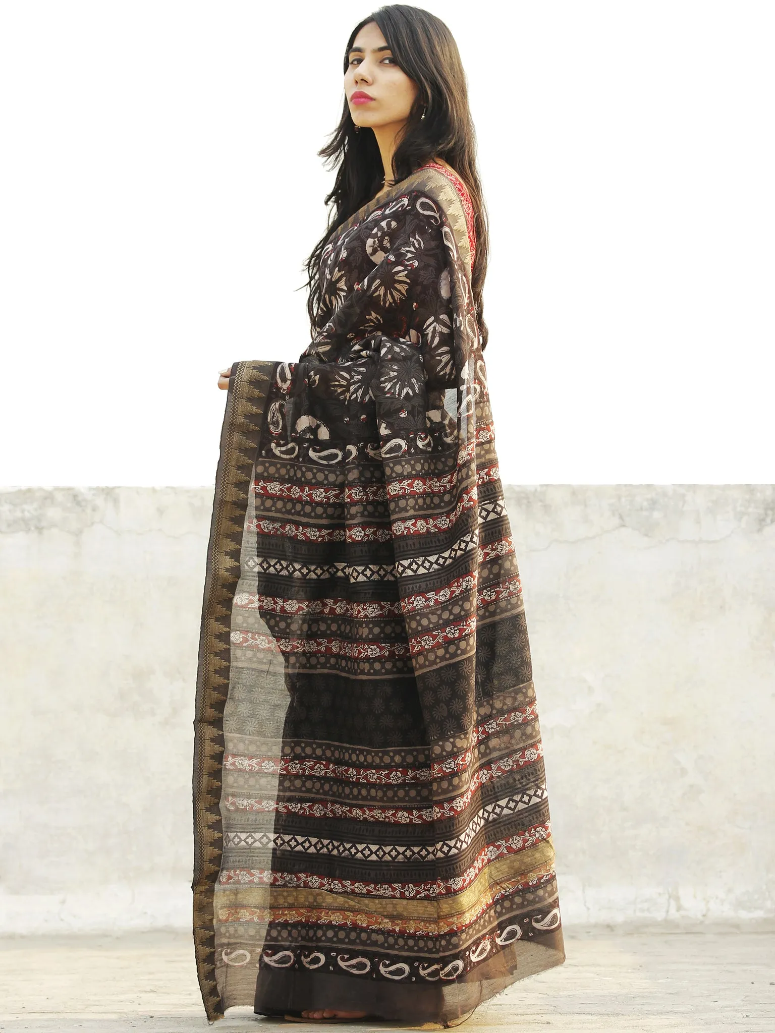 Brown Grey Ivory Chanderi Silk Hand Block Printed Saree With Geecha Border - S031702641