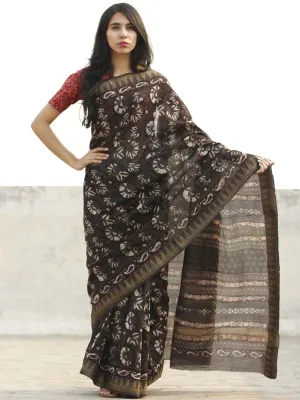Brown Grey Ivory Chanderi Silk Hand Block Printed Saree With Geecha Border - S031702641