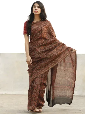 Brown Red Black Chanderi Silk Ajrakh Hand Block Printed Saree With Zari Border - S031702650