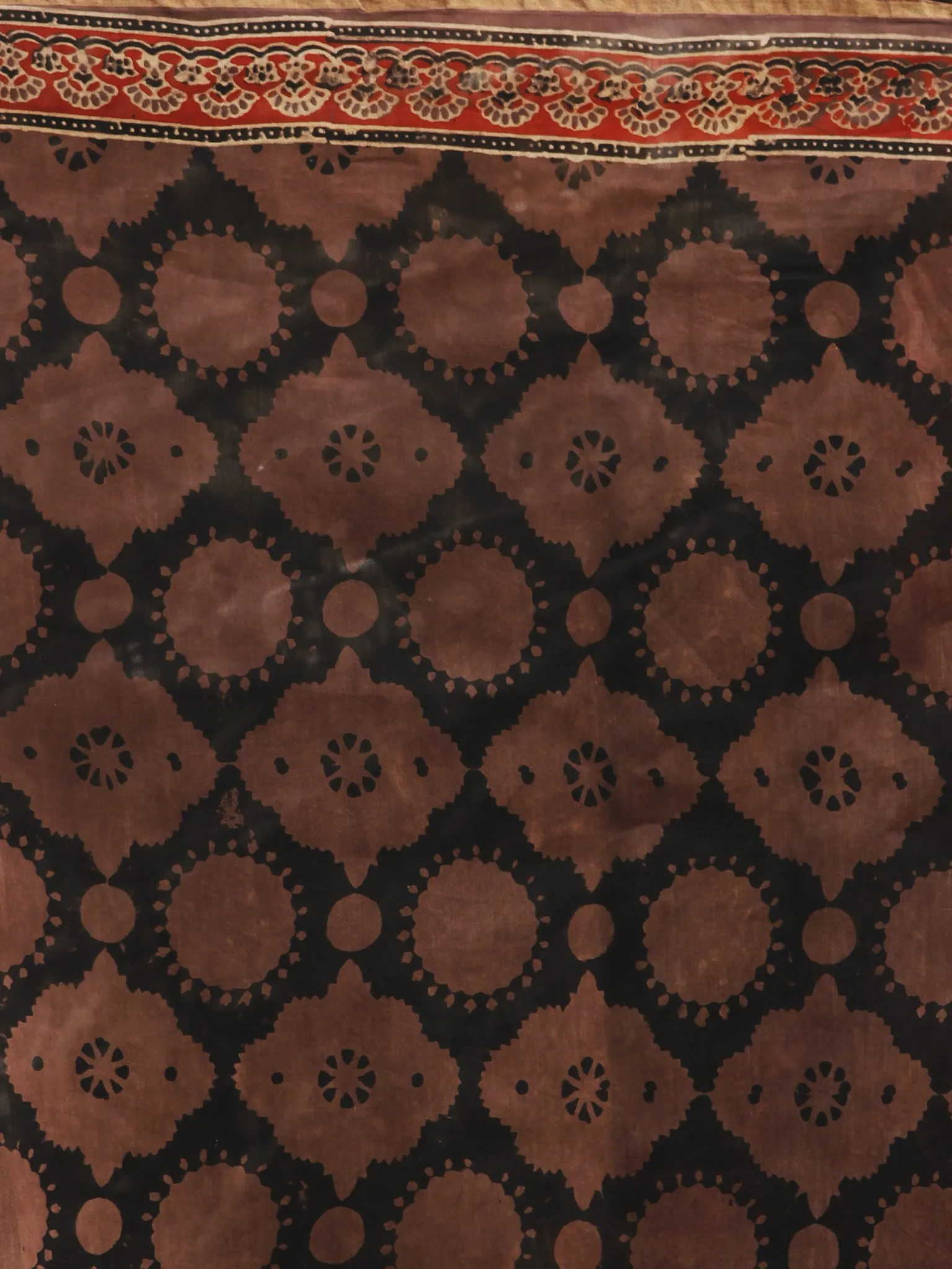 Brown Red Black Chanderi Silk Ajrakh Hand Block Printed Saree With Zari Border - S031702650