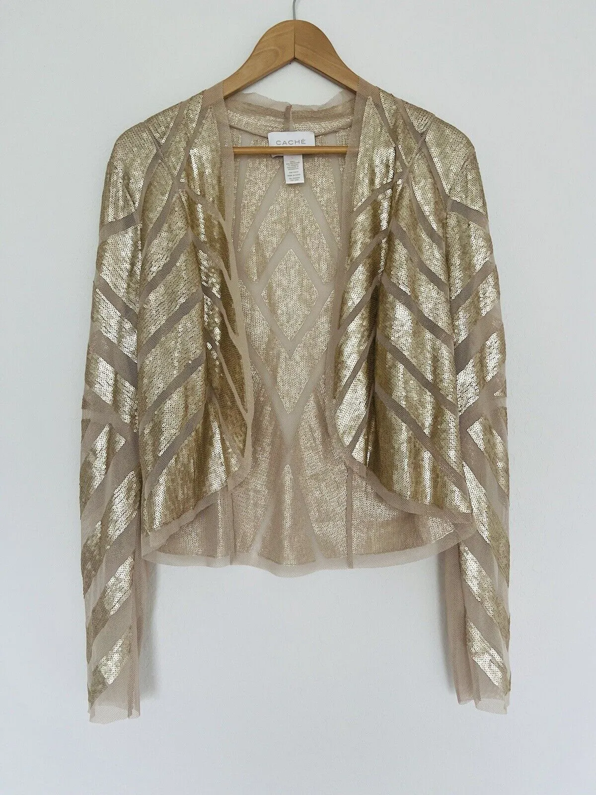 CACHE Gold Sequin Shrug Cardigan Sz 1 Cropped Long Sleeve Festive Holiday