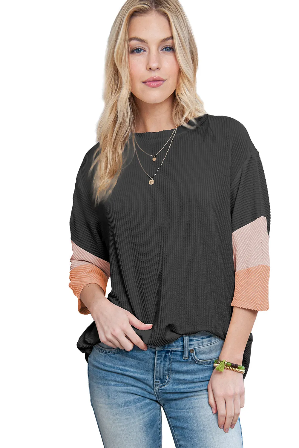 Carbon Grey Color Block Ribbed Knit Quarter Sleeve Top