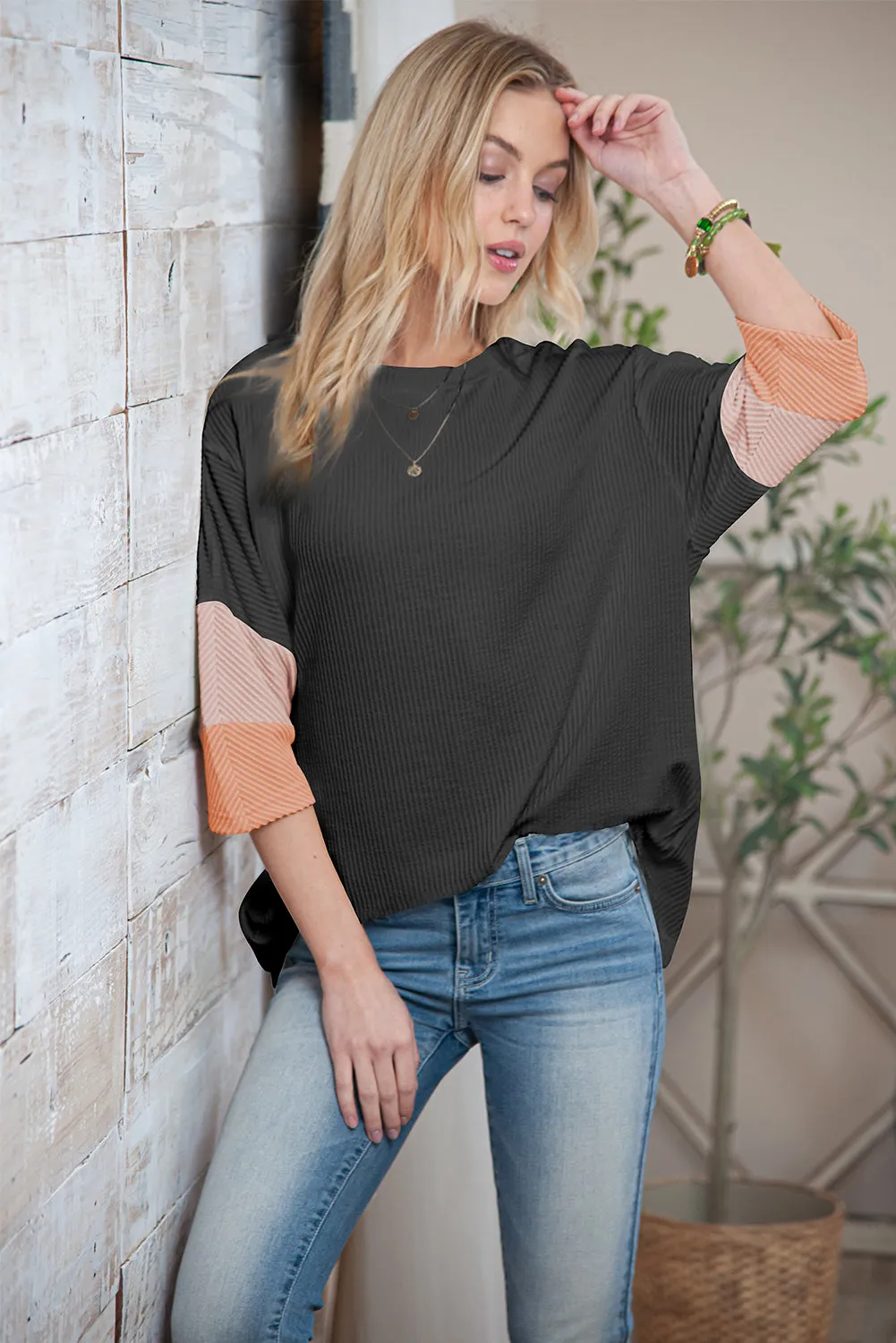 Carbon Grey Color Block Ribbed Knit Quarter Sleeve Top