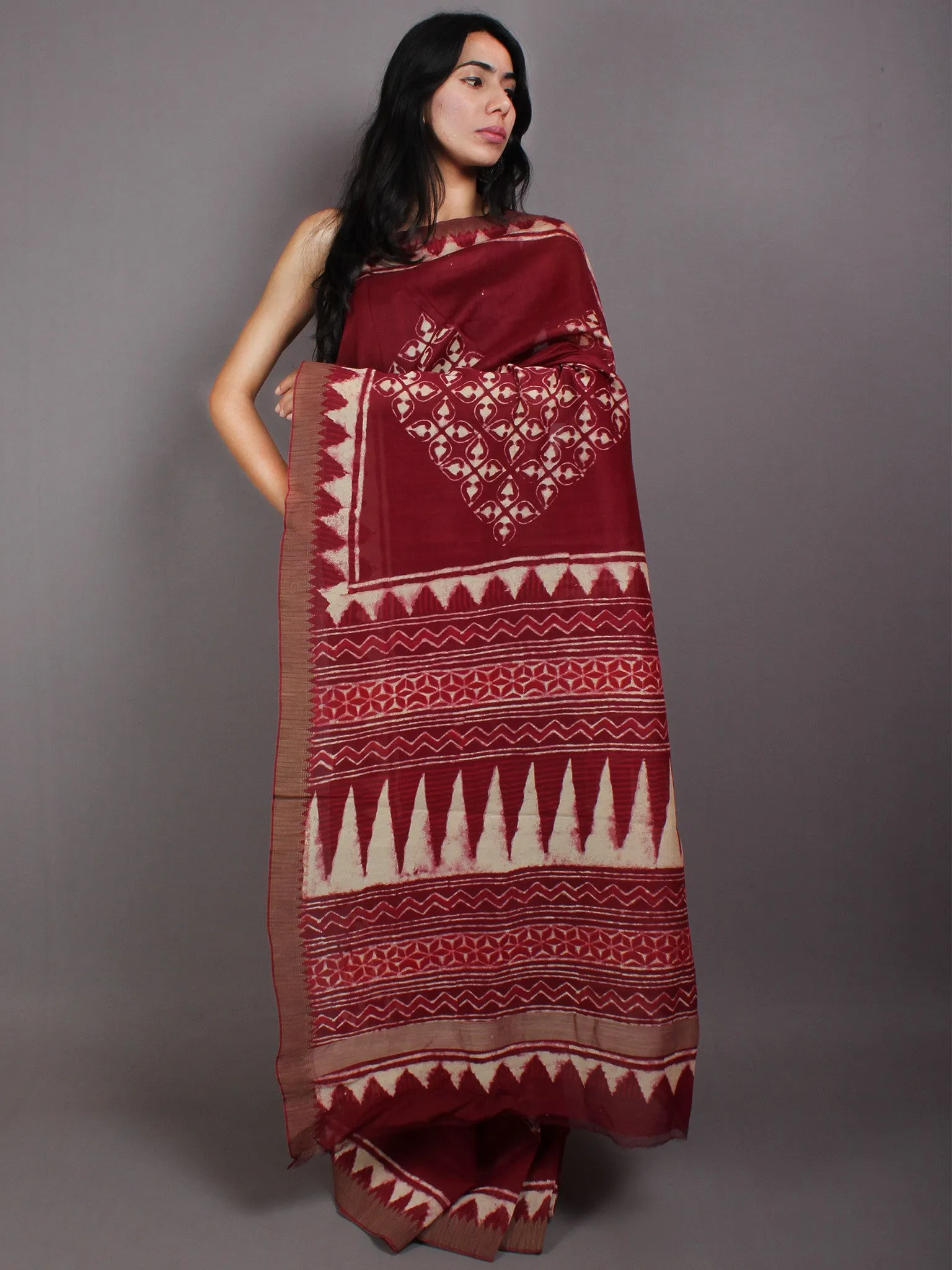 Cherry Beige Hand Block Printed in Natural Vegetable Colors Chanderi Saree With Geecha Border - S03170504