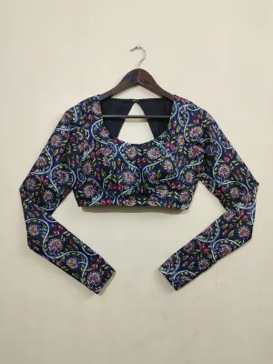 Churi: Black Full Sleeve Cotton Printed Backless Blouse
