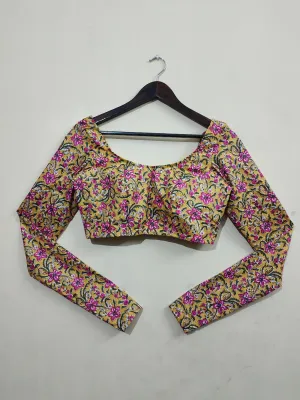 Churi: Yellow Handblock Floral Full Sleeve Cotton Printed Blouse