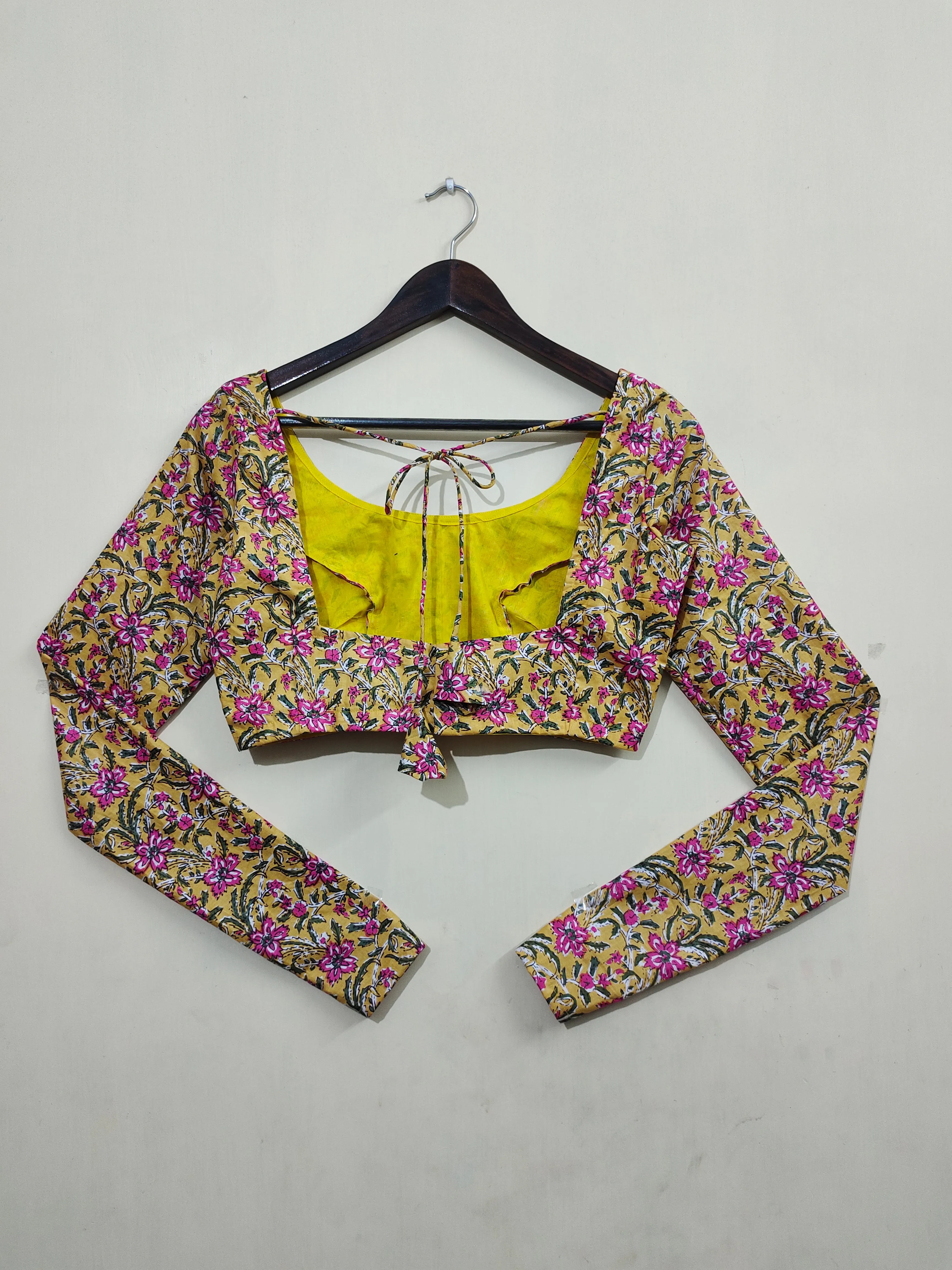 Churi: Yellow Handblock Floral Full Sleeve Cotton Printed Blouse
