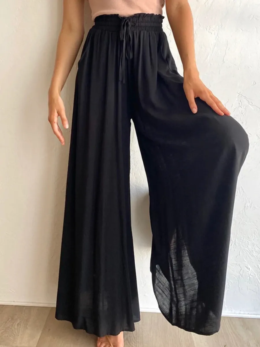 Ciara Smocked Wide Leg Culottes Pants - Black