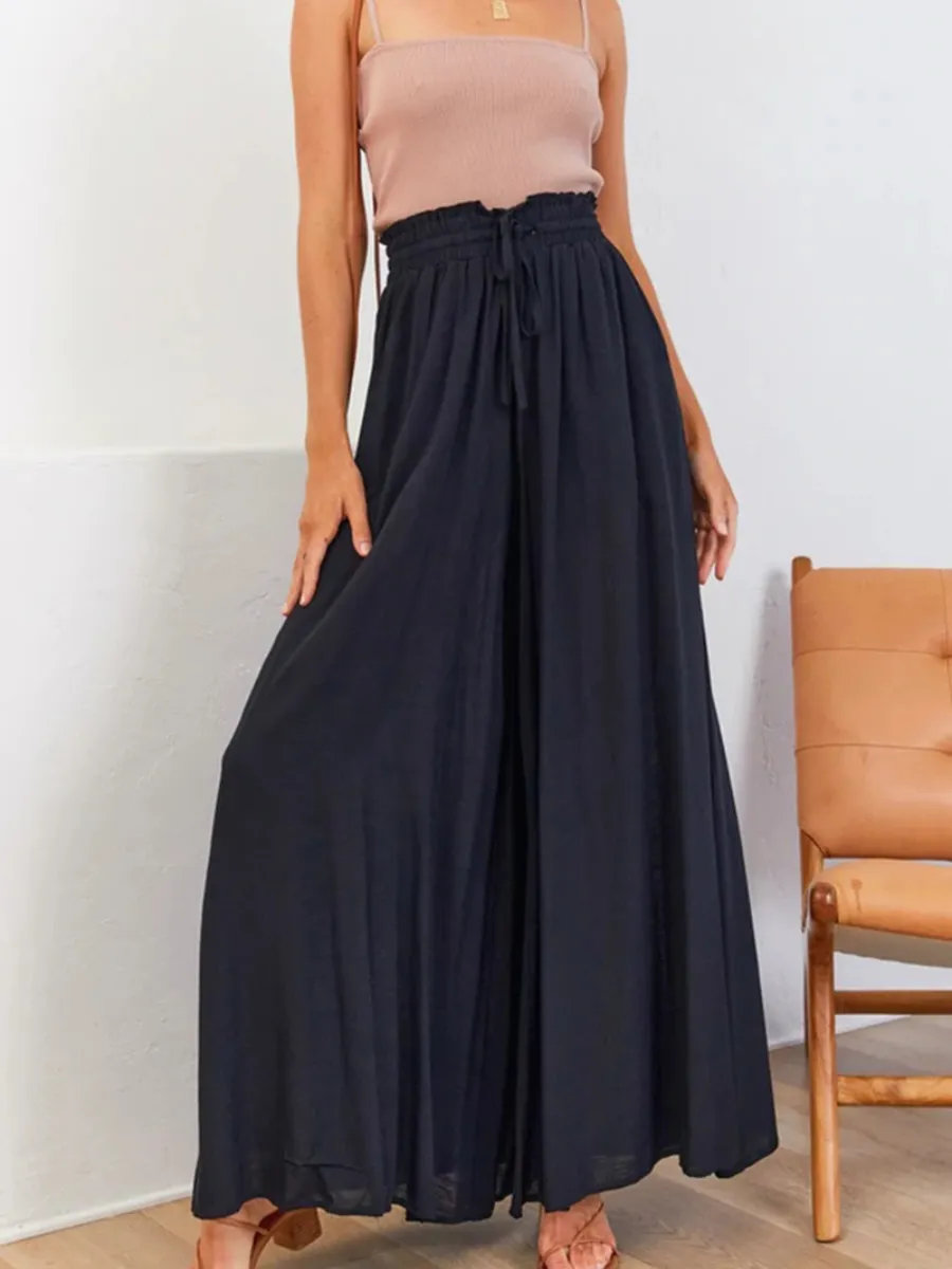 Ciara Smocked Wide Leg Culottes Pants - Black